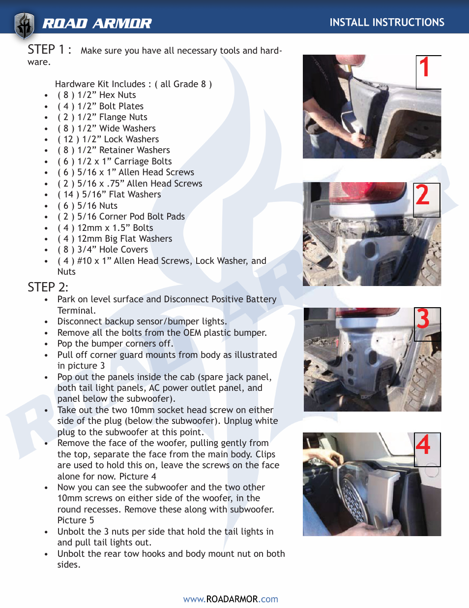 Step 1, Step 2 | Road Armor 2007-2011 Toyota FJ Rear Bumper User Manual | Page 2 / 3