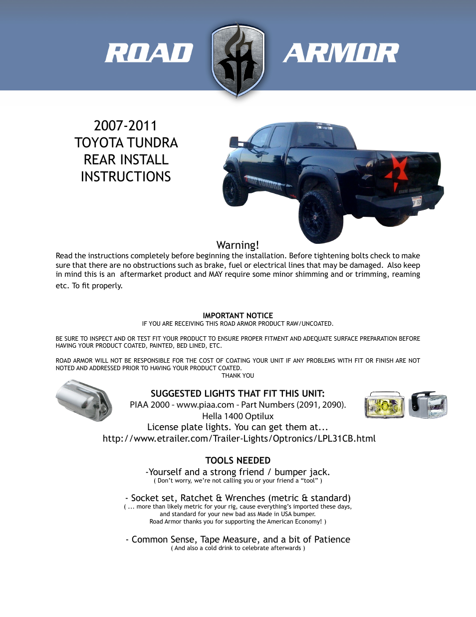 Road Armor 2007-2011 Toyota Tundra Rear Bumper User Manual | 3 pages