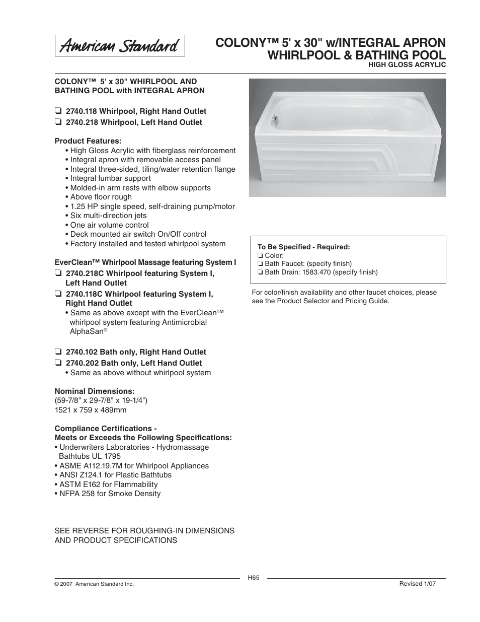 American Standard Colony 2740.118C User Manual | 2 pages