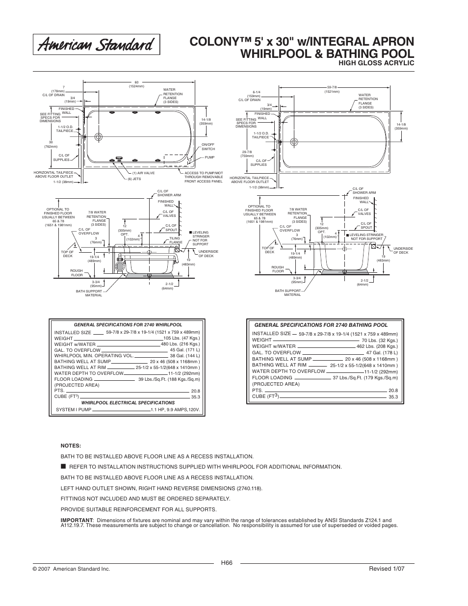 High gloss acrylic, Revised 1/07 | American Standard Colony 2740.118C User Manual | Page 2 / 2