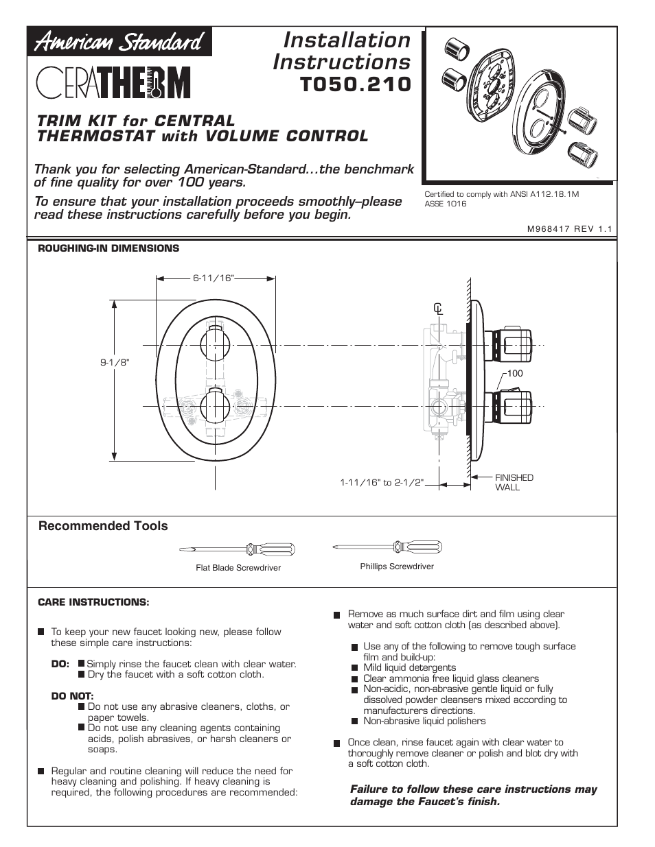 American Standard Ceratherm T050.210 User Manual | 9 pages