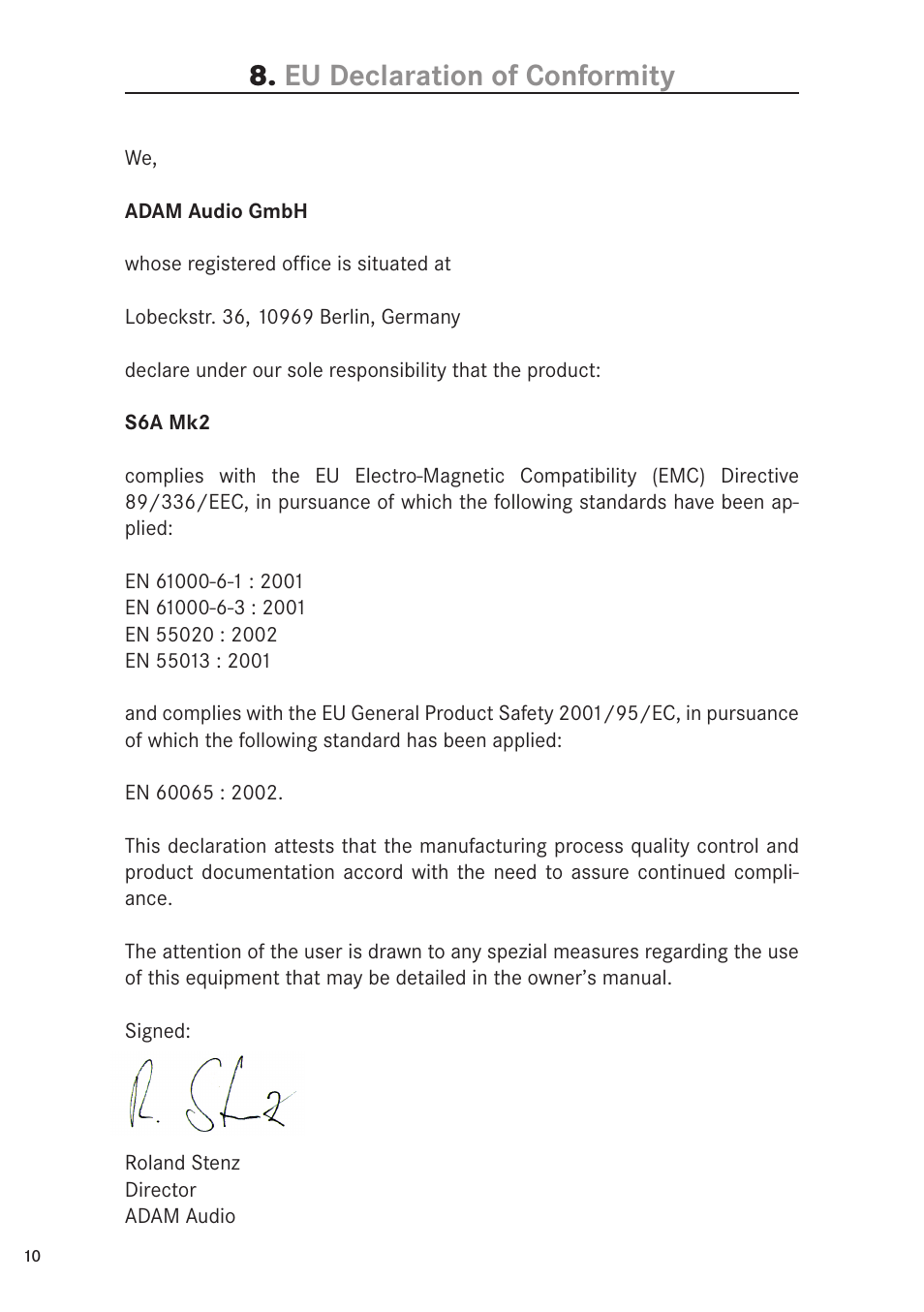 Eu declaration of conformity | ADAM Audio S6A Mk2 User Manual | Page 10 / 14