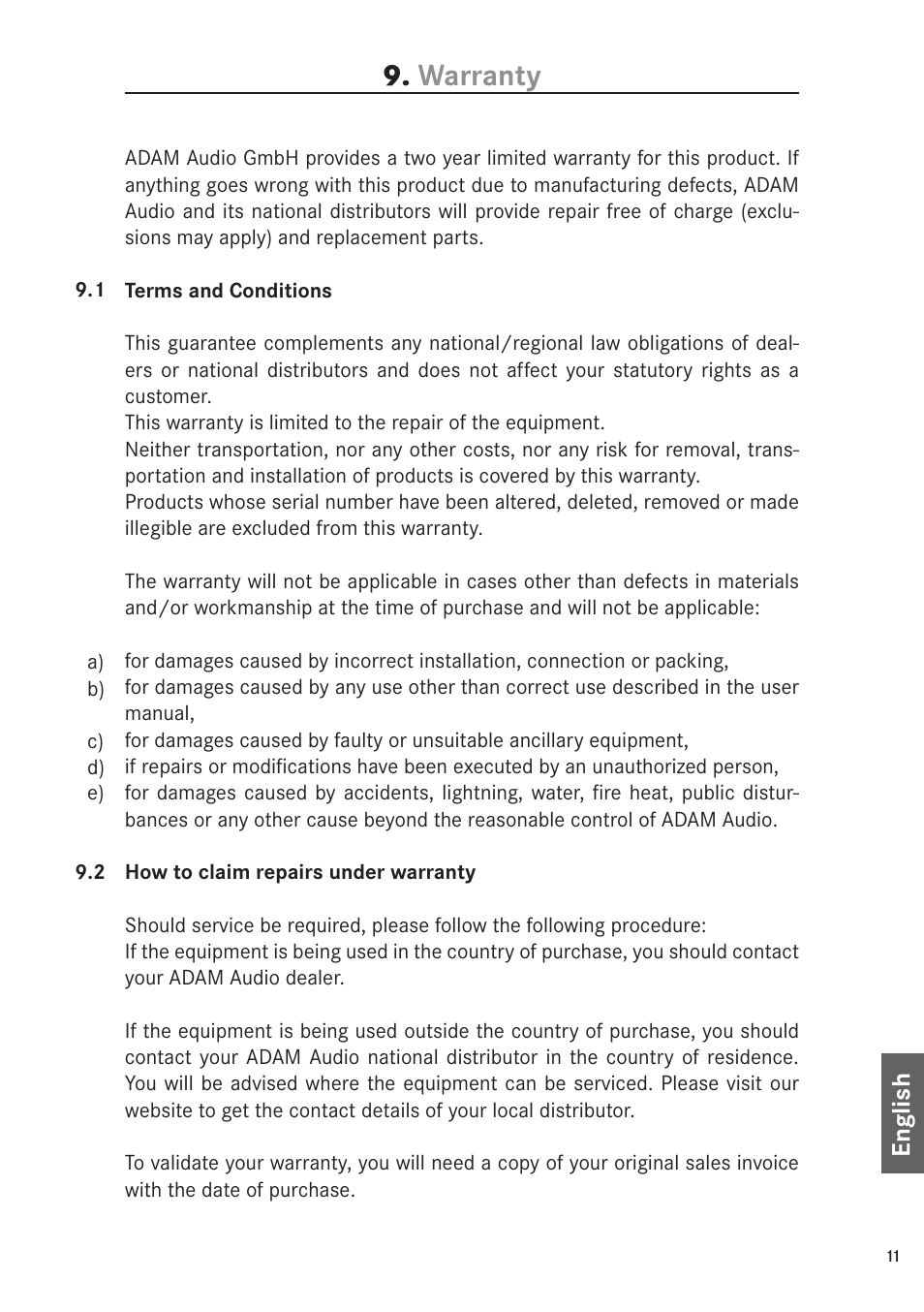 Warranty | ADAM Audio S6A Mk2 User Manual | Page 11 / 14