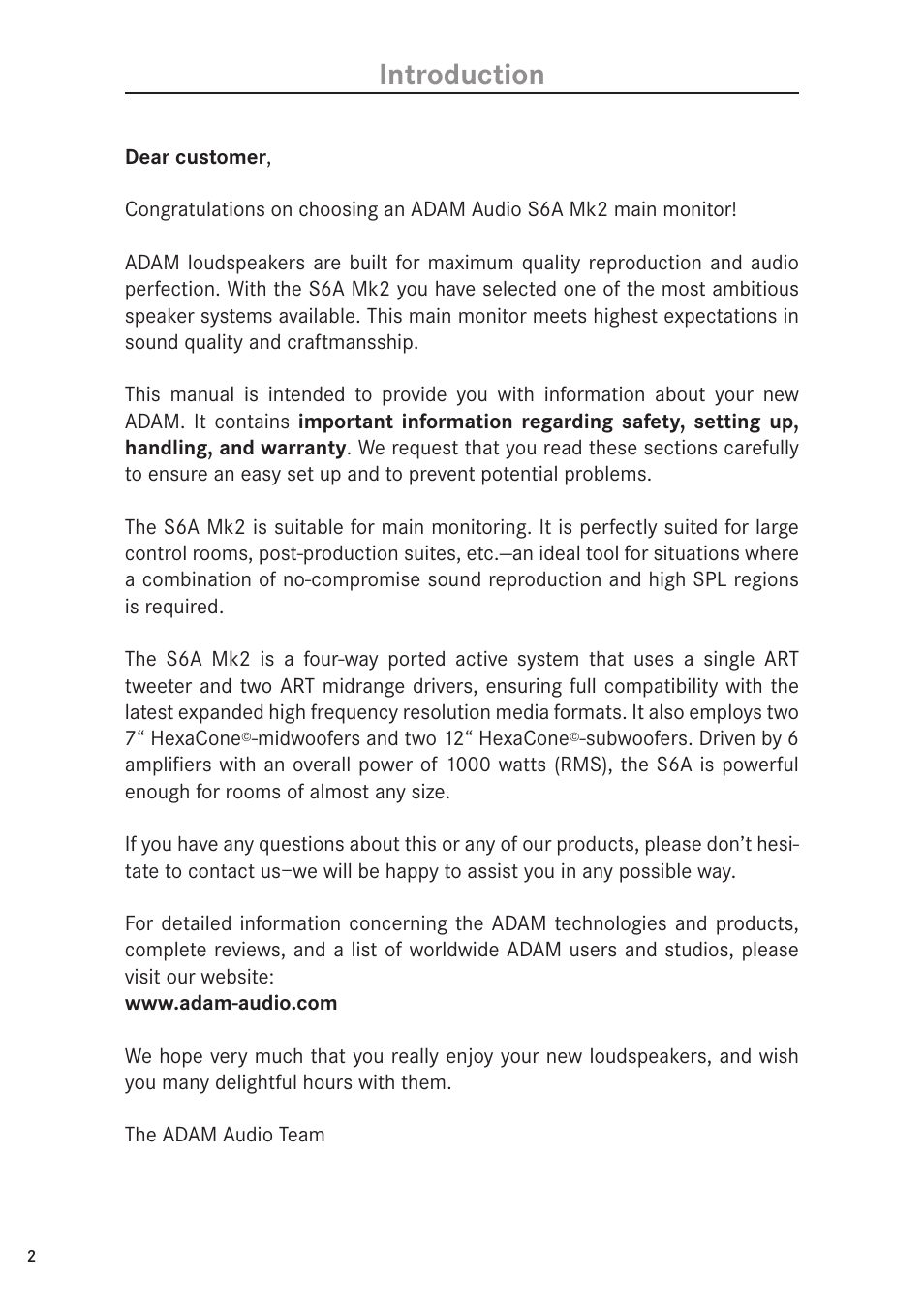 Introduction | ADAM Audio S6A Mk2 User Manual | Page 2 / 14