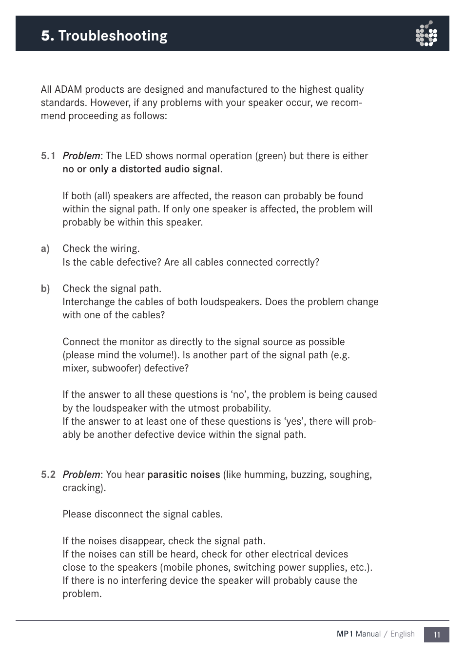 Troubleshooting | ADAM Audio MP1 User Manual | Page 11 / 16