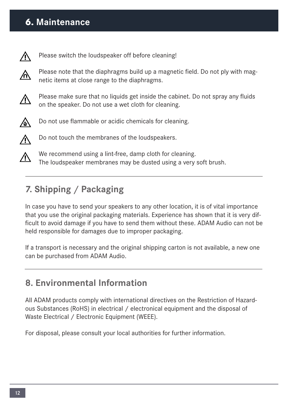 Shipping / packaging, Environmental information, Maintenance | ADAM Audio MP1 User Manual | Page 12 / 16