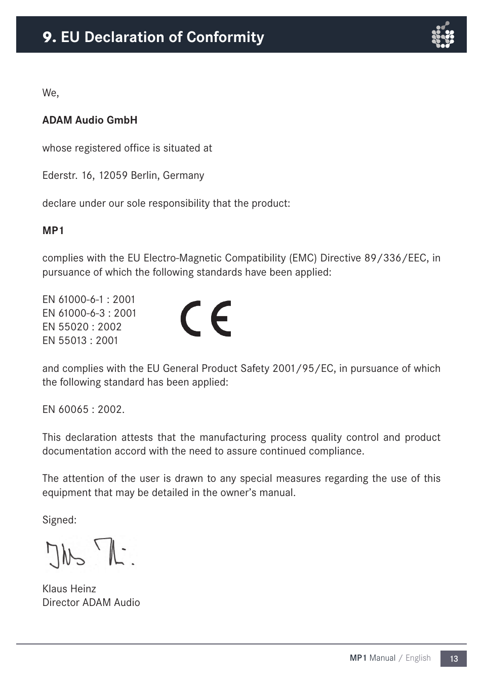 Eu declaration of conformity | ADAM Audio MP1 User Manual | Page 13 / 16
