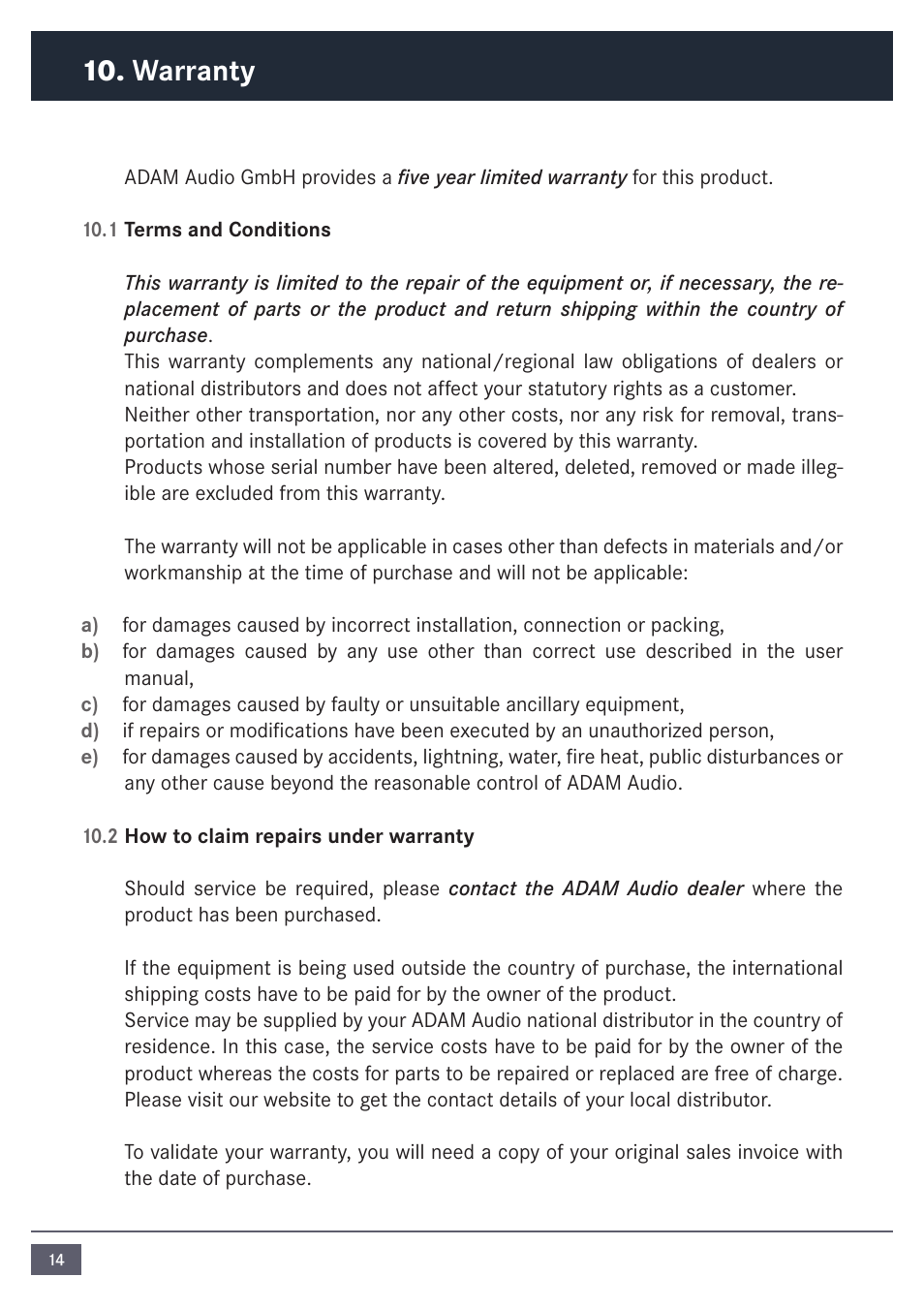 Warranty | ADAM Audio MP1 User Manual | Page 14 / 16