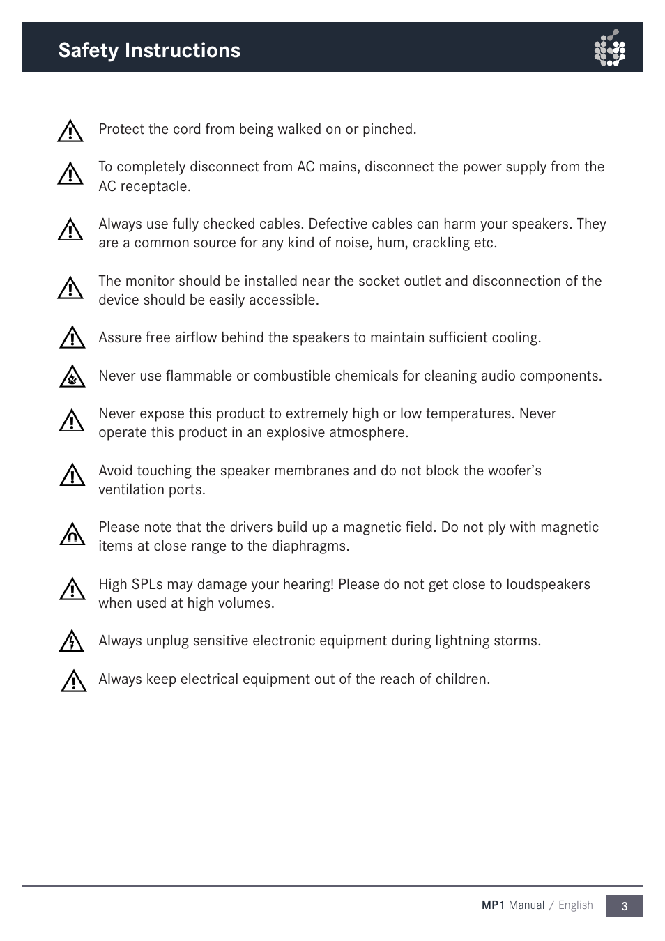Safety instructions | ADAM Audio MP1 User Manual | Page 3 / 16