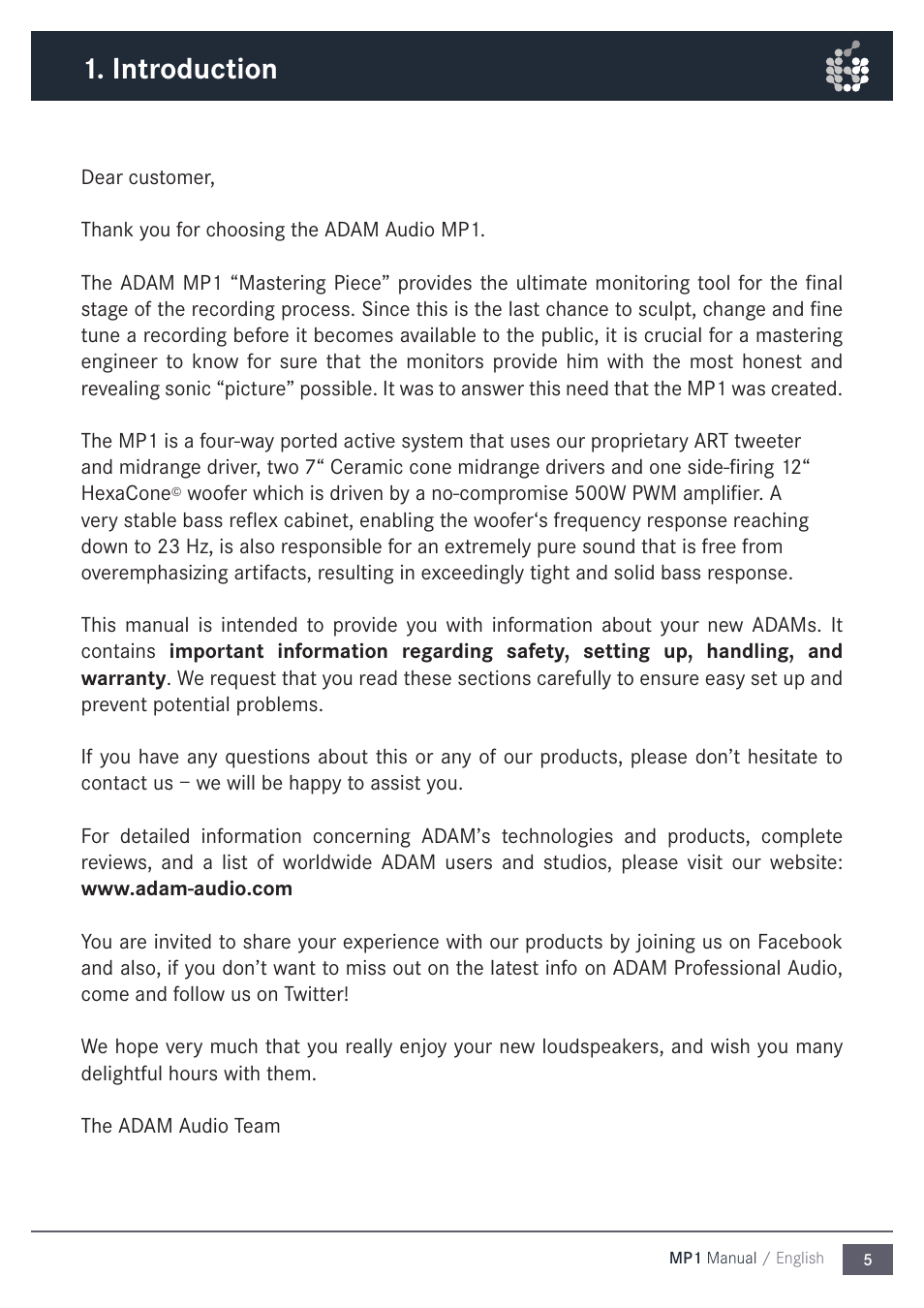 Introduction | ADAM Audio MP1 User Manual | Page 5 / 16