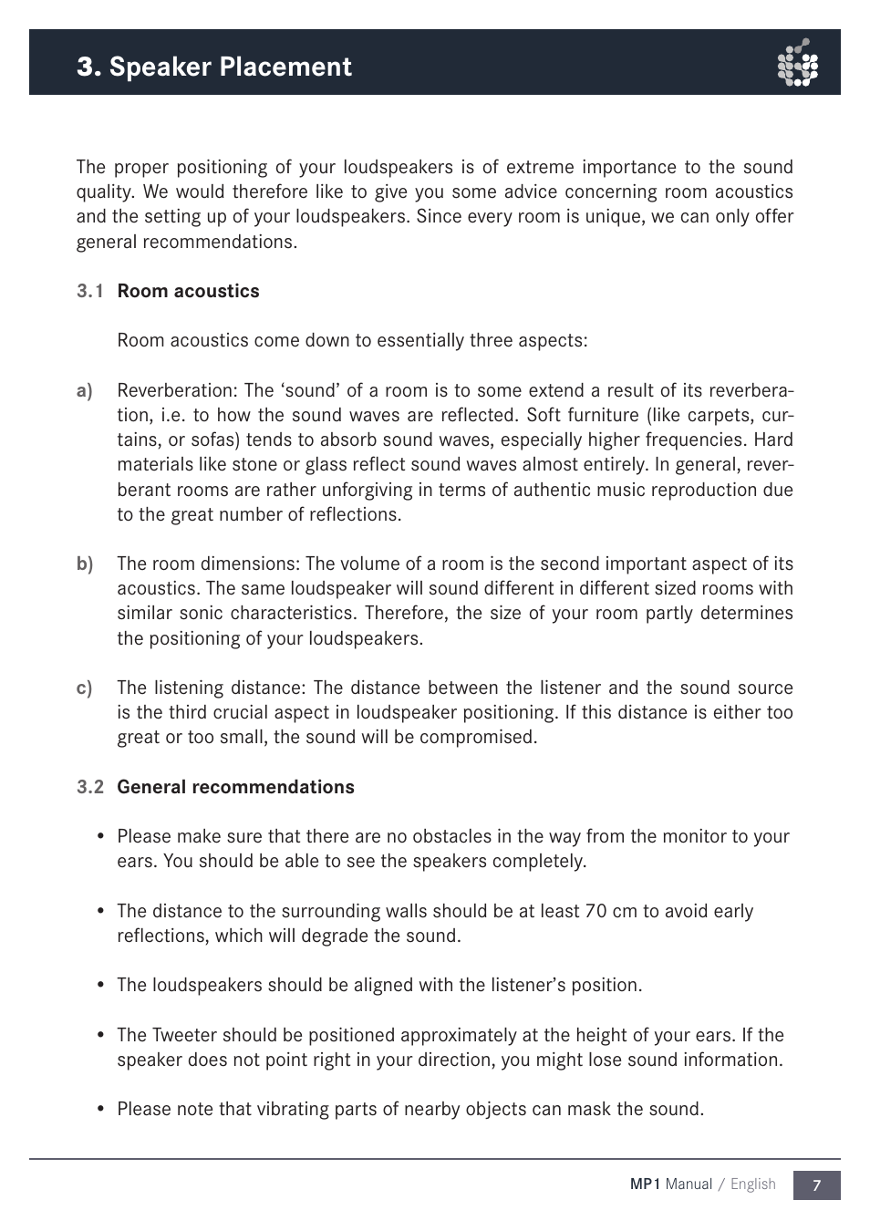 Speaker placement | ADAM Audio MP1 User Manual | Page 7 / 16