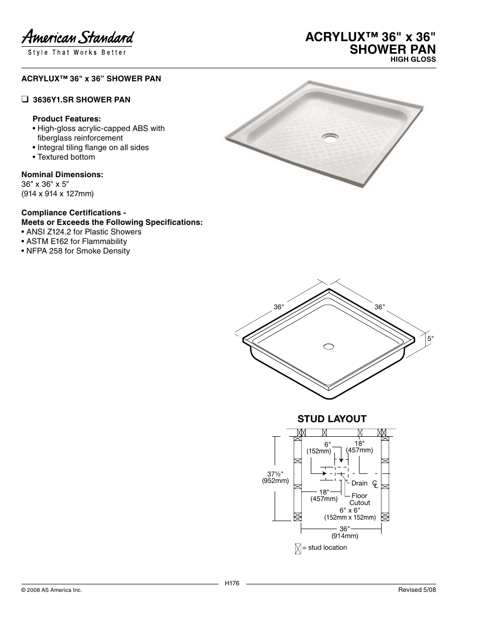 American Standard Acrylux 36" x 36" ANSI Z124.2 User Manual | 1 page