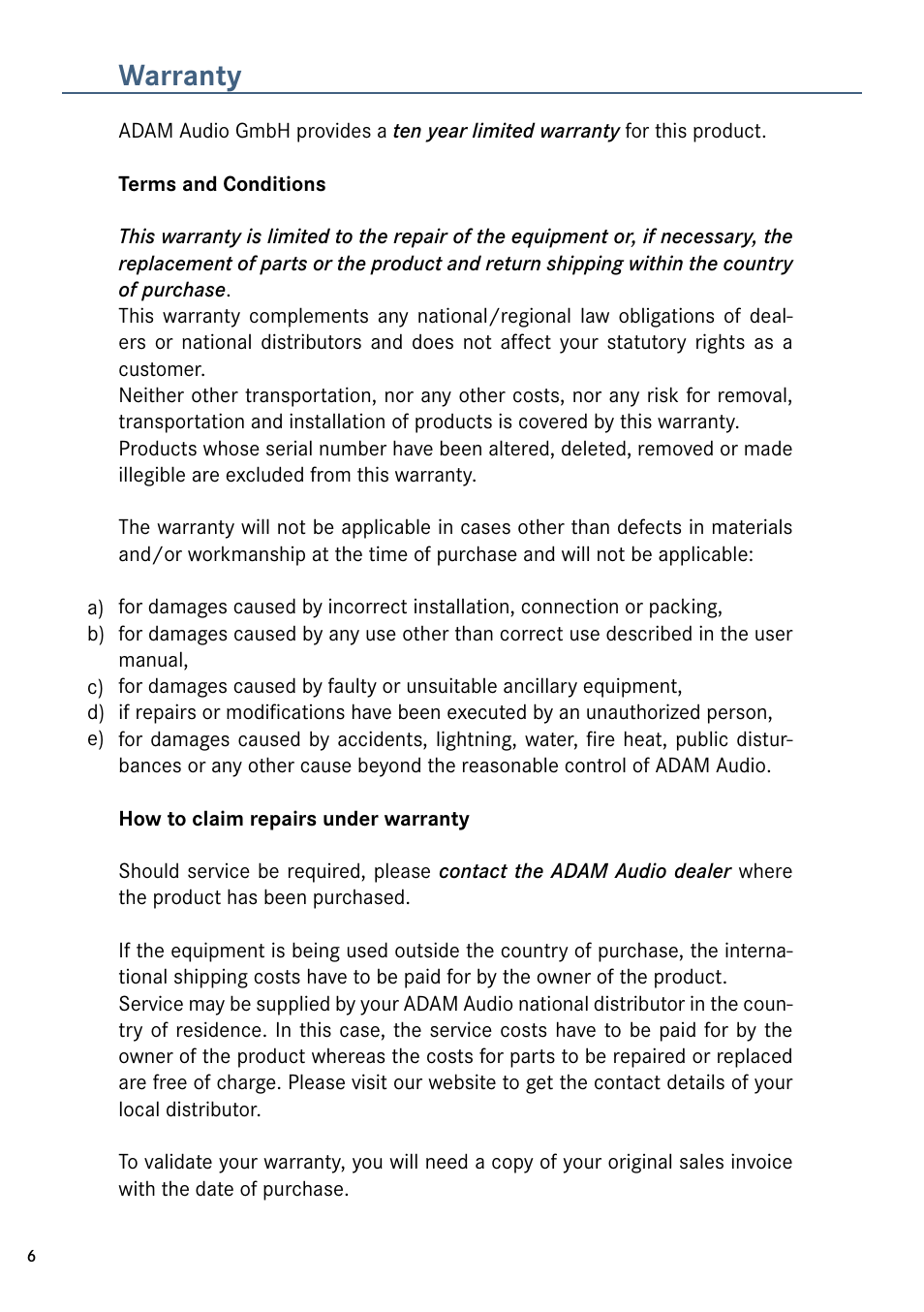 Warranty | ADAM Audio HM1 User Manual | Page 6 / 8