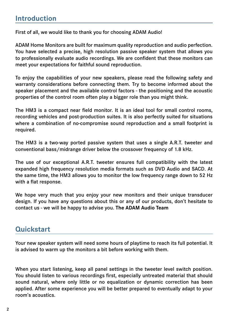 Introduction, Quickstart | ADAM Audio HM3 User Manual | Page 2 / 8