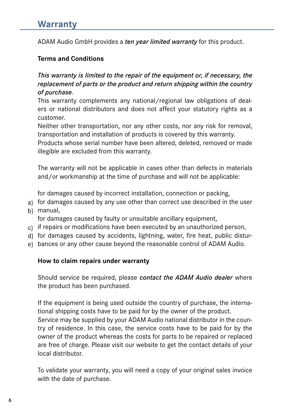 Warranty | ADAM Audio HM3 User Manual | Page 6 / 8