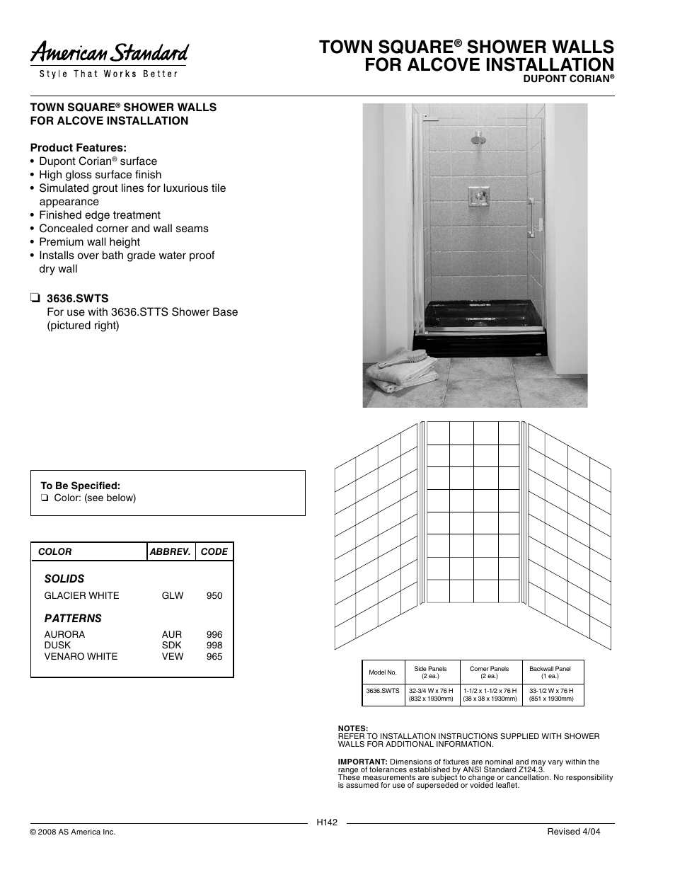 American Standard Town Square Shower Walls 3636.SWTS User Manual | 1 page