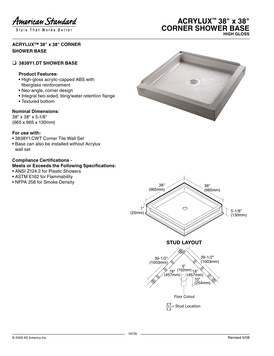 American Standard Acrylux 38" x 38" Corner Shower Base 3838Y1.DT User Manual | 1 page