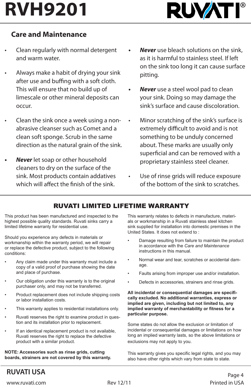 Rvh9201, Ruvati usa, Care and maintenance | Ruvati RVH9201 User Manual | Page 4 / 4