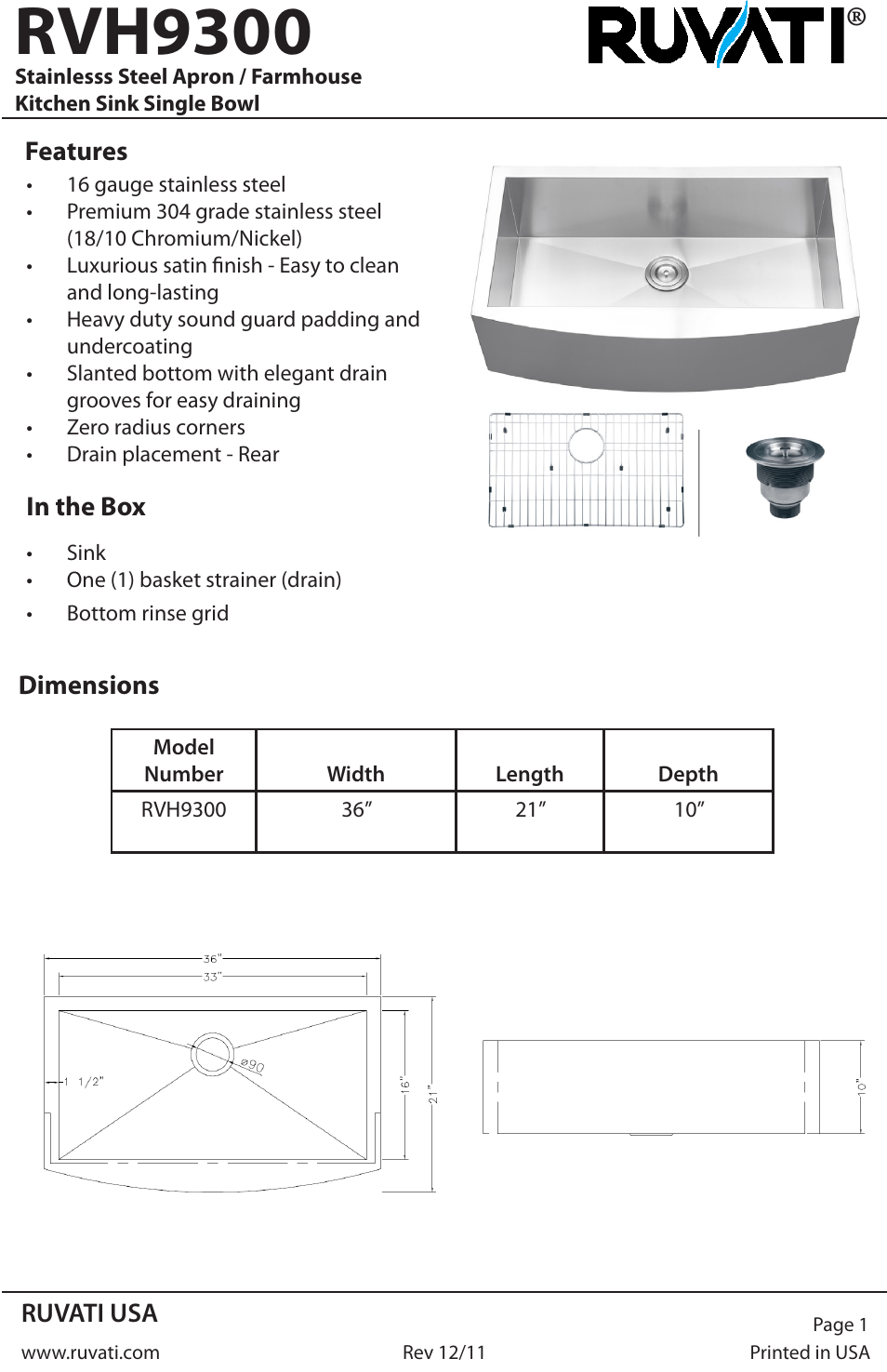 Ruvati RVH9300 User Manual | 4 pages