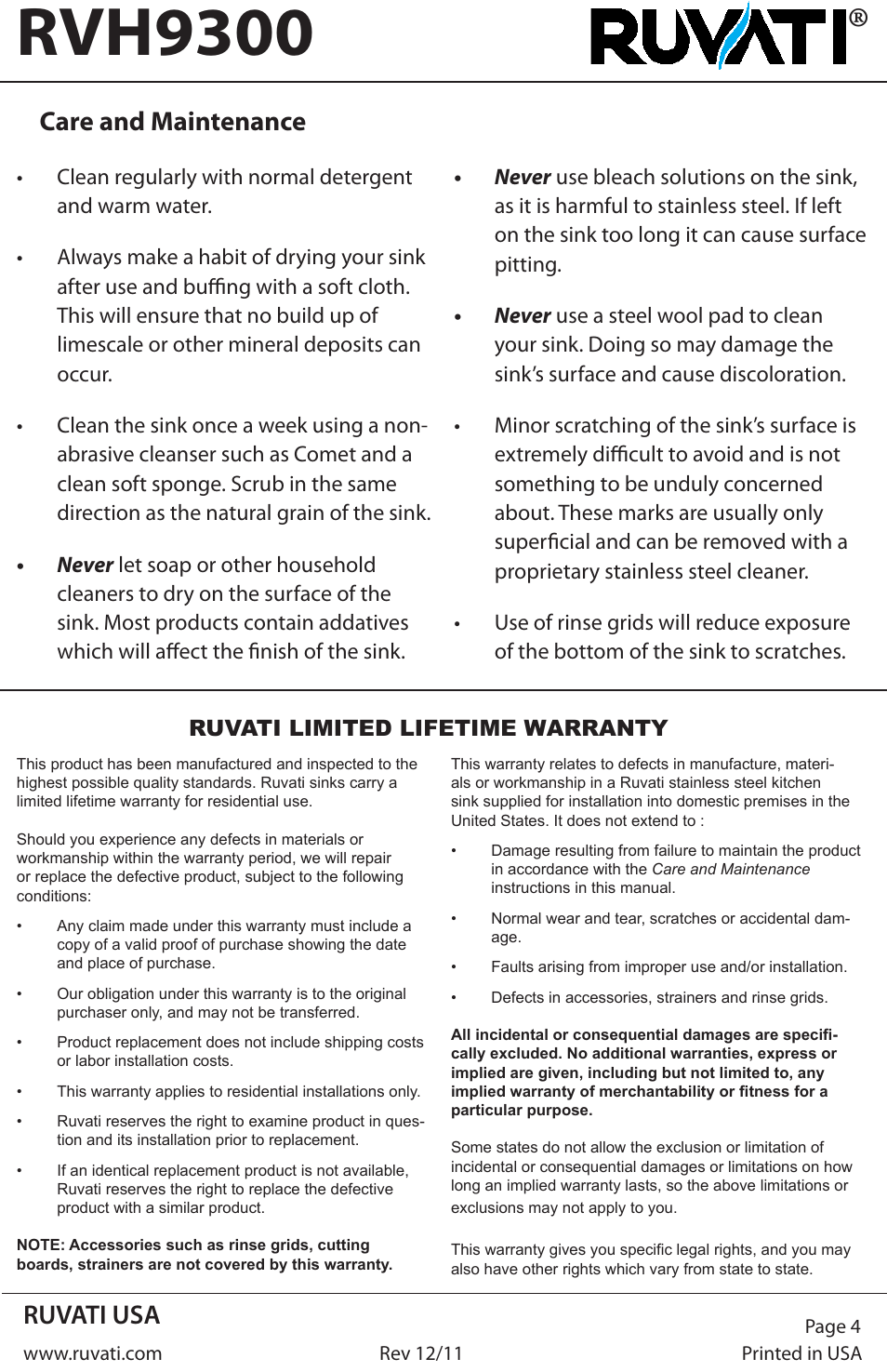 Rvh9300, Ruvati usa, Care and maintenance | Ruvati RVH9300 User Manual | Page 4 / 4