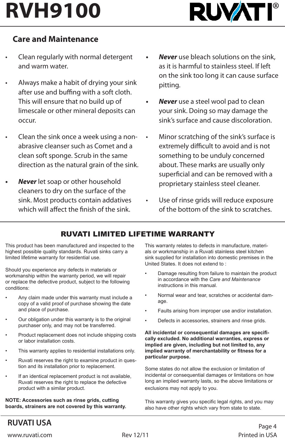 Rvh9100, Ruvati usa, Care and maintenance | Ruvati RVH9100 User Manual | Page 4 / 4