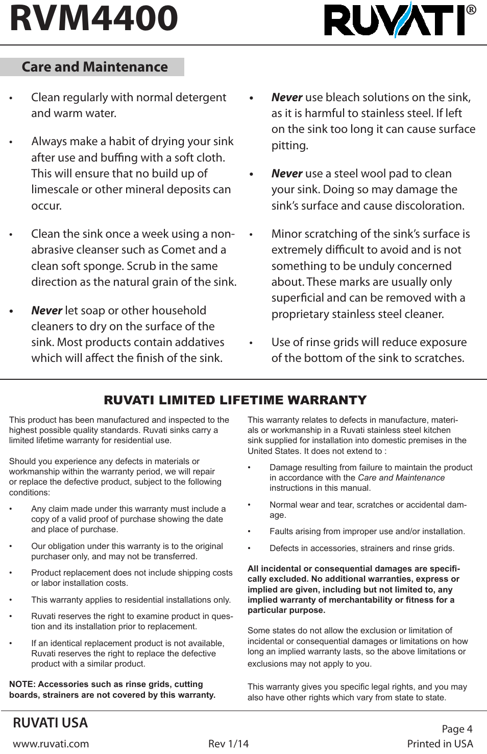 Rvm4400, Ruvati usa, Care and maintenance | Ruvati RVM4400 User Manual | Page 4 / 4