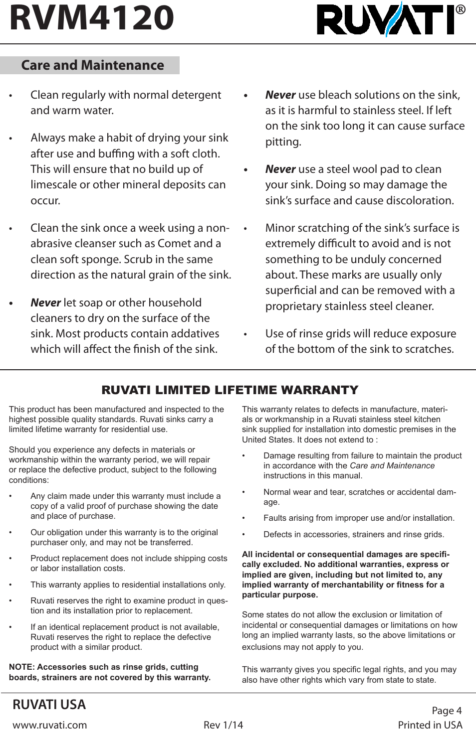 Rvm4120, Ruvati usa, Care and maintenance | Ruvati RVM4120 User Manual | Page 4 / 4