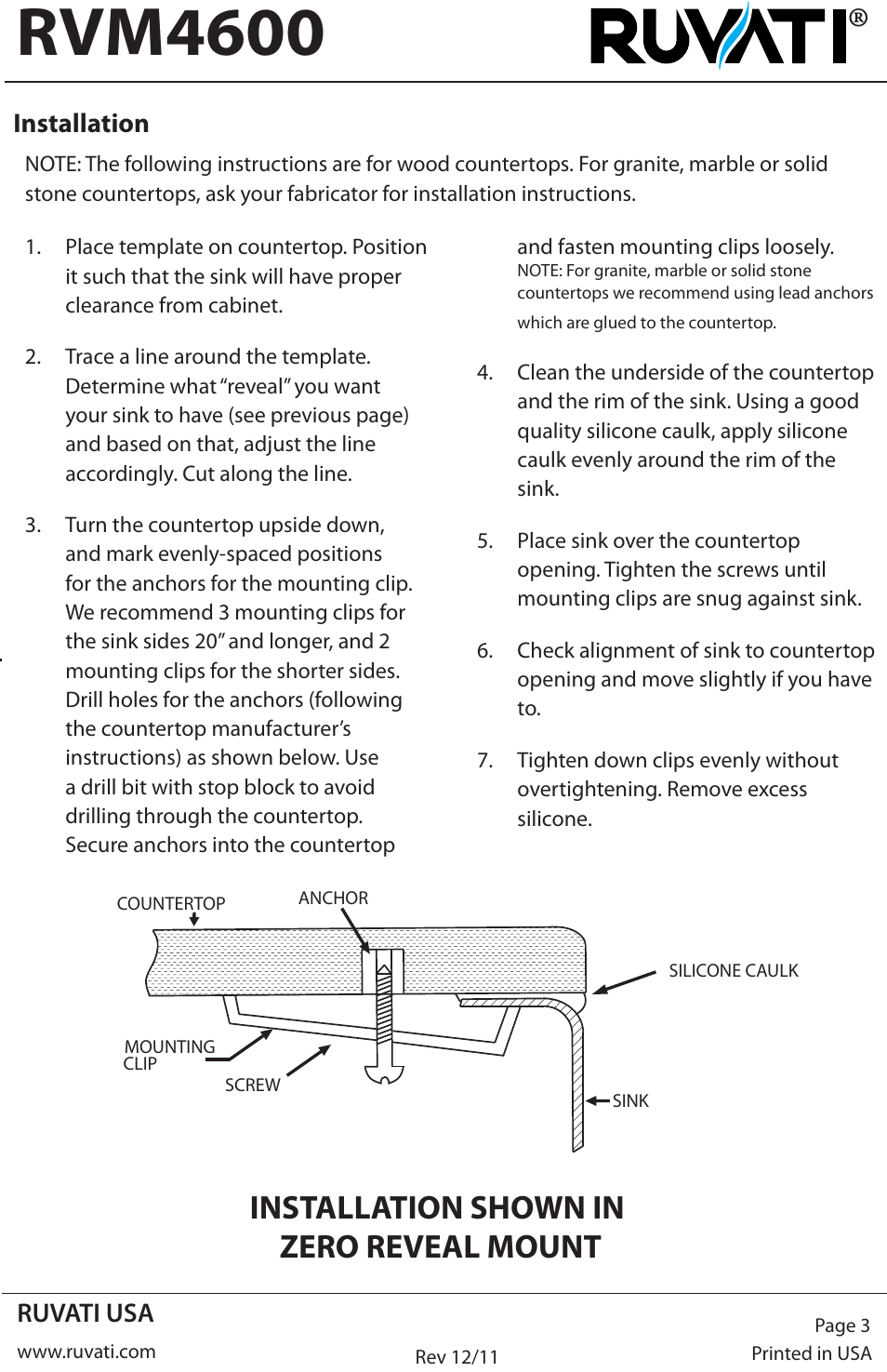 Rvm4600, Installation shown in zero reveal mount | Ruvati RVM4600 User Manual | Page 3 / 4