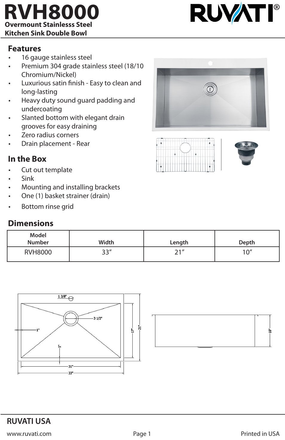 Ruvati RVH8000 User Manual | 4 pages