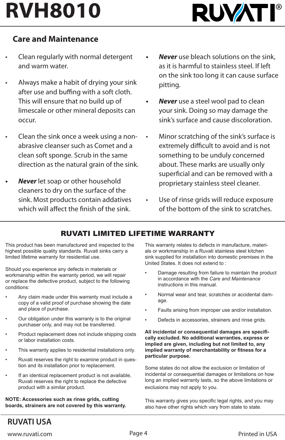 Rvh8010, Ruvati usa, Care and maintenance | Ruvati RVH8010 User Manual | Page 4 / 4