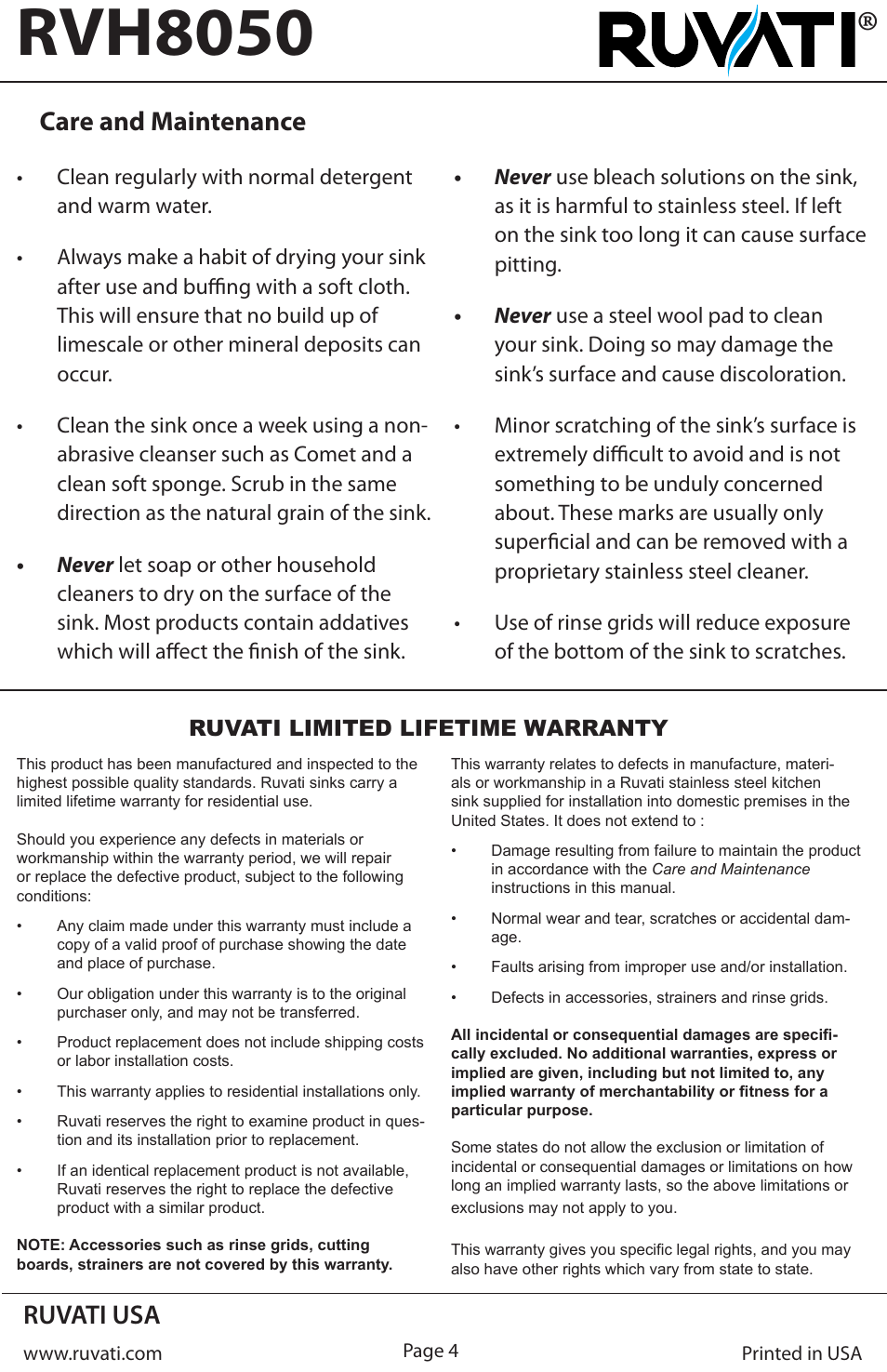 Rvh8050, Ruvati usa, Care and maintenance | Ruvati RVH8050 User Manual | Page 4 / 4