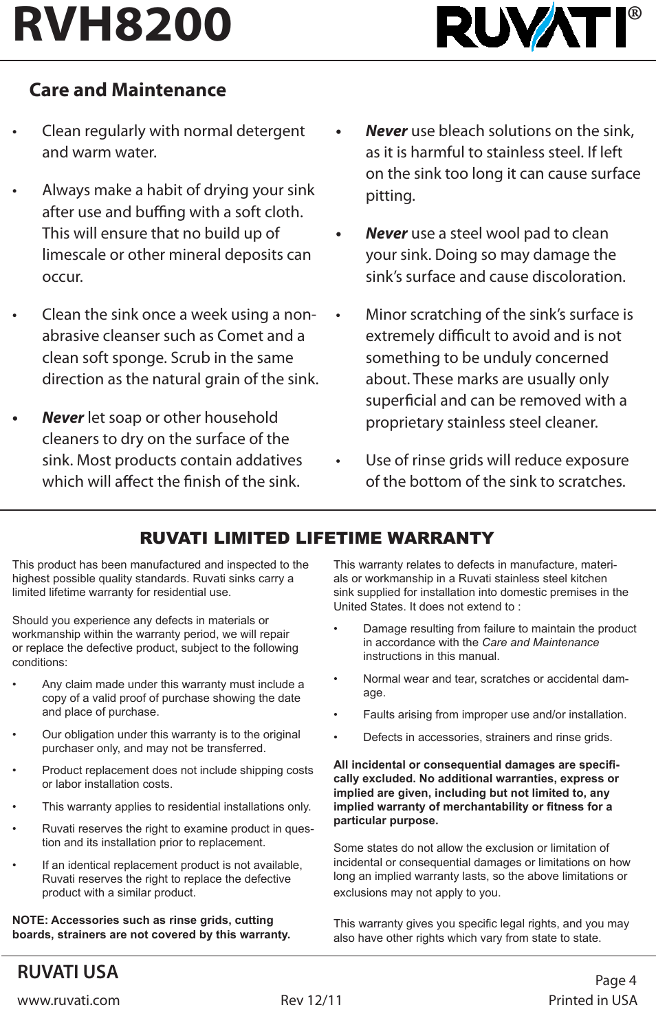 Rvh8200, Ruvati usa, Care and maintenance | Ruvati RVH8200 User Manual | Page 4 / 4