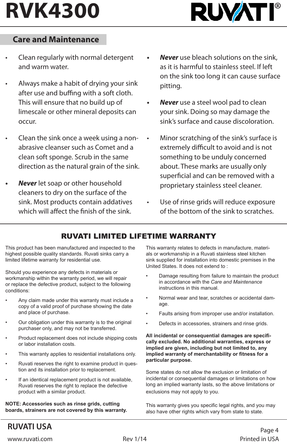 Rvk4300, Ruvati usa, Care and maintenance | Ruvati RVK4300 User Manual | Page 4 / 4