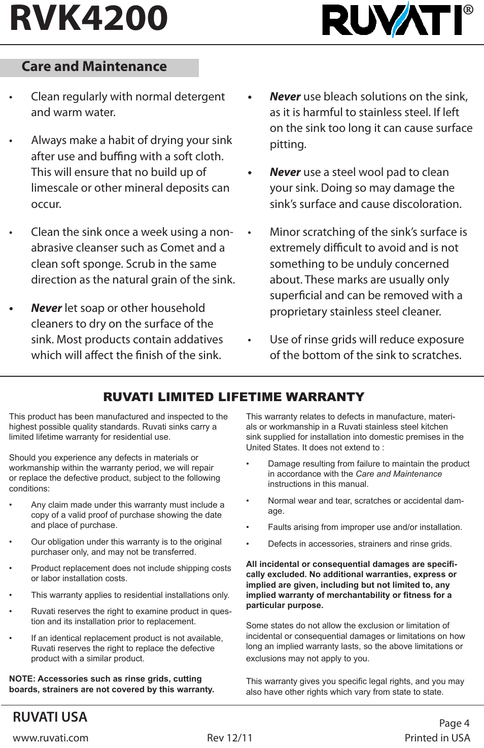Rvk4200, Ruvati usa, Care and maintenance | Ruvati RVK4200 User Manual | Page 4 / 4
