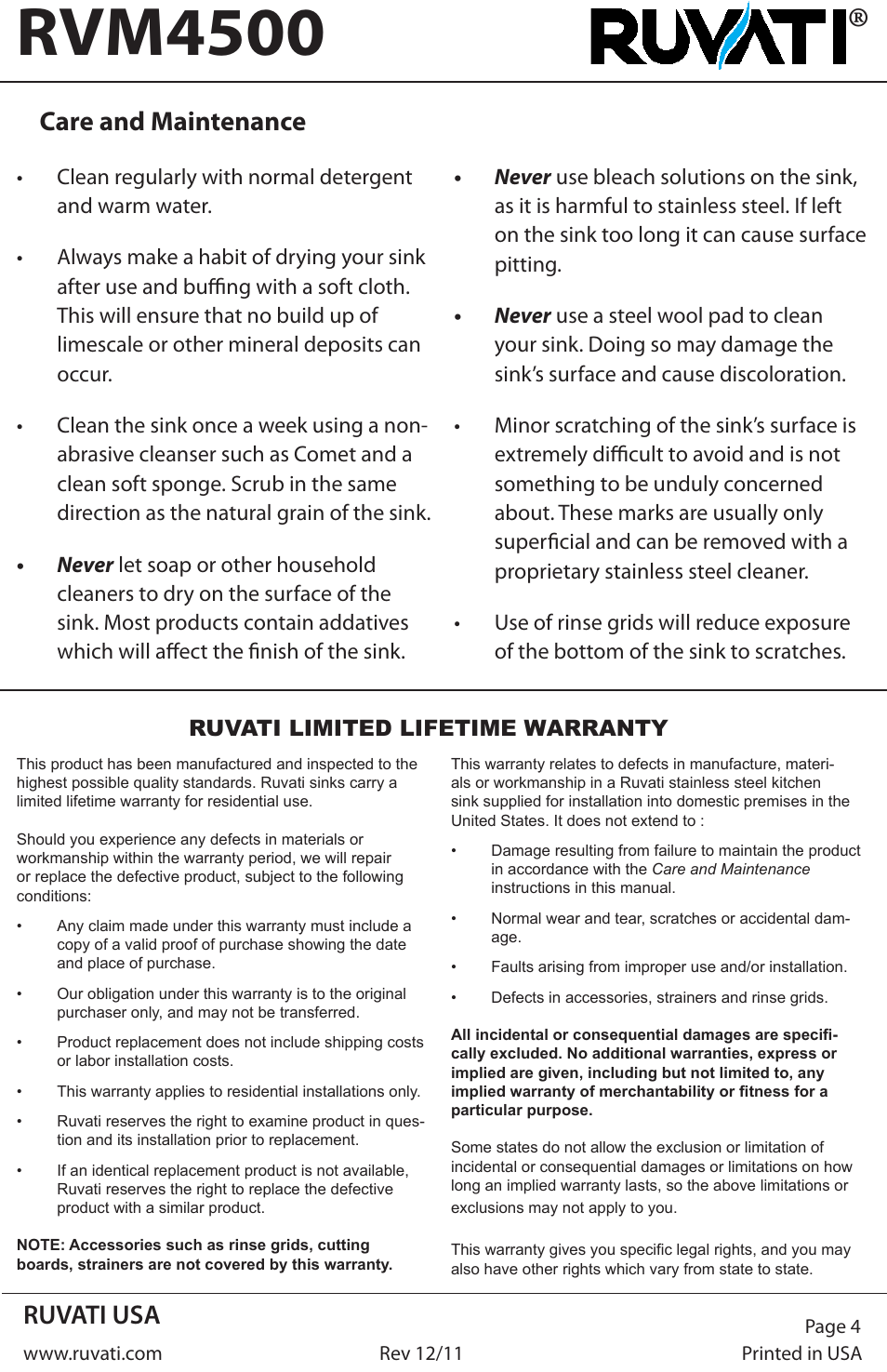 Rvm4500, Ruvati usa, Care and maintenance | Ruvati RVM4500 User Manual | Page 4 / 4