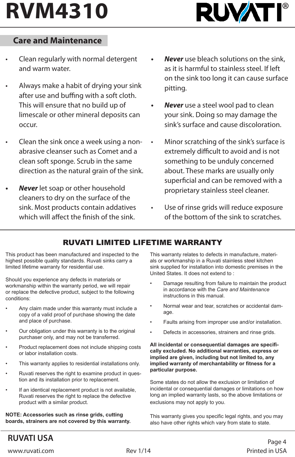 Rvm4310, Ruvati usa, Care and maintenance | Ruvati RVM4310 User Manual | Page 4 / 4