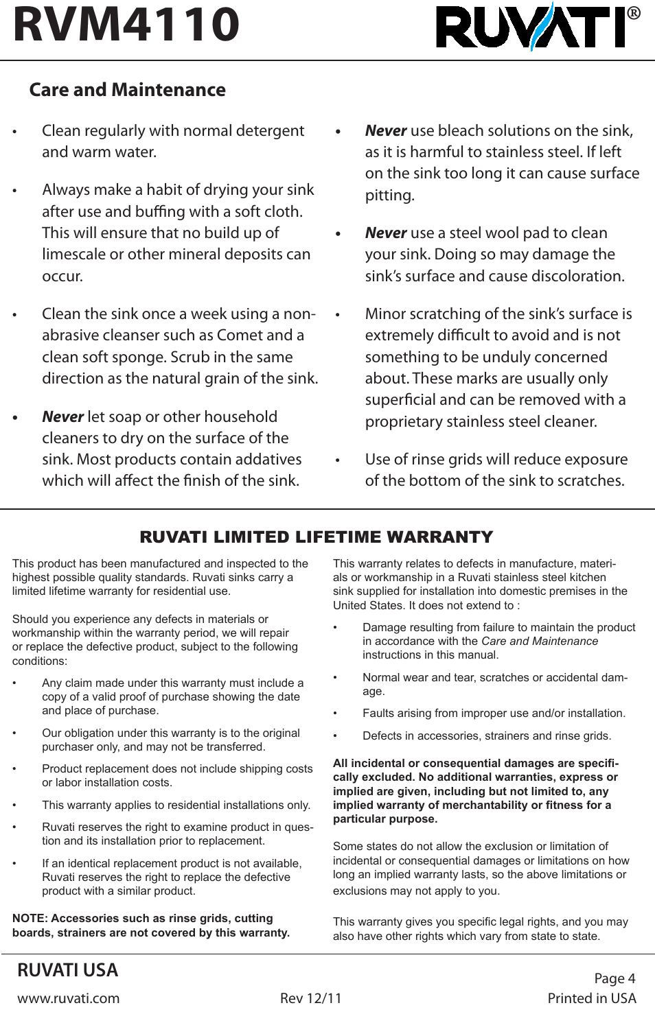 Rvm4110, Ruvati usa, Care and maintenance | Ruvati RVM4110 User Manual | Page 4 / 4