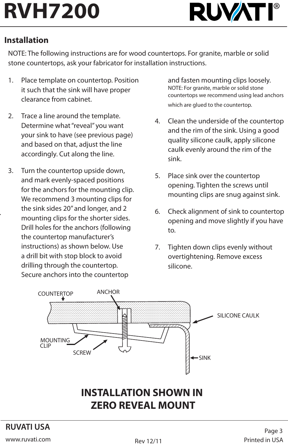 Rvh7200, Installation shown in zero reveal mount | Ruvati RVH7200 User Manual | Page 3 / 4