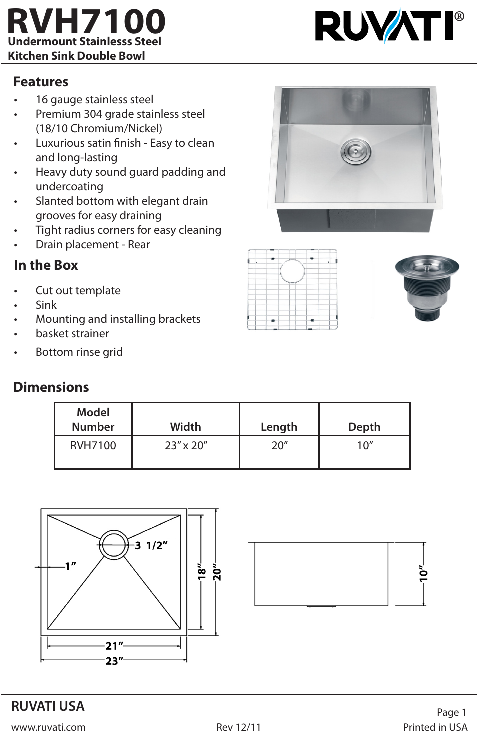 Ruvati RVH7100 User Manual | 4 pages