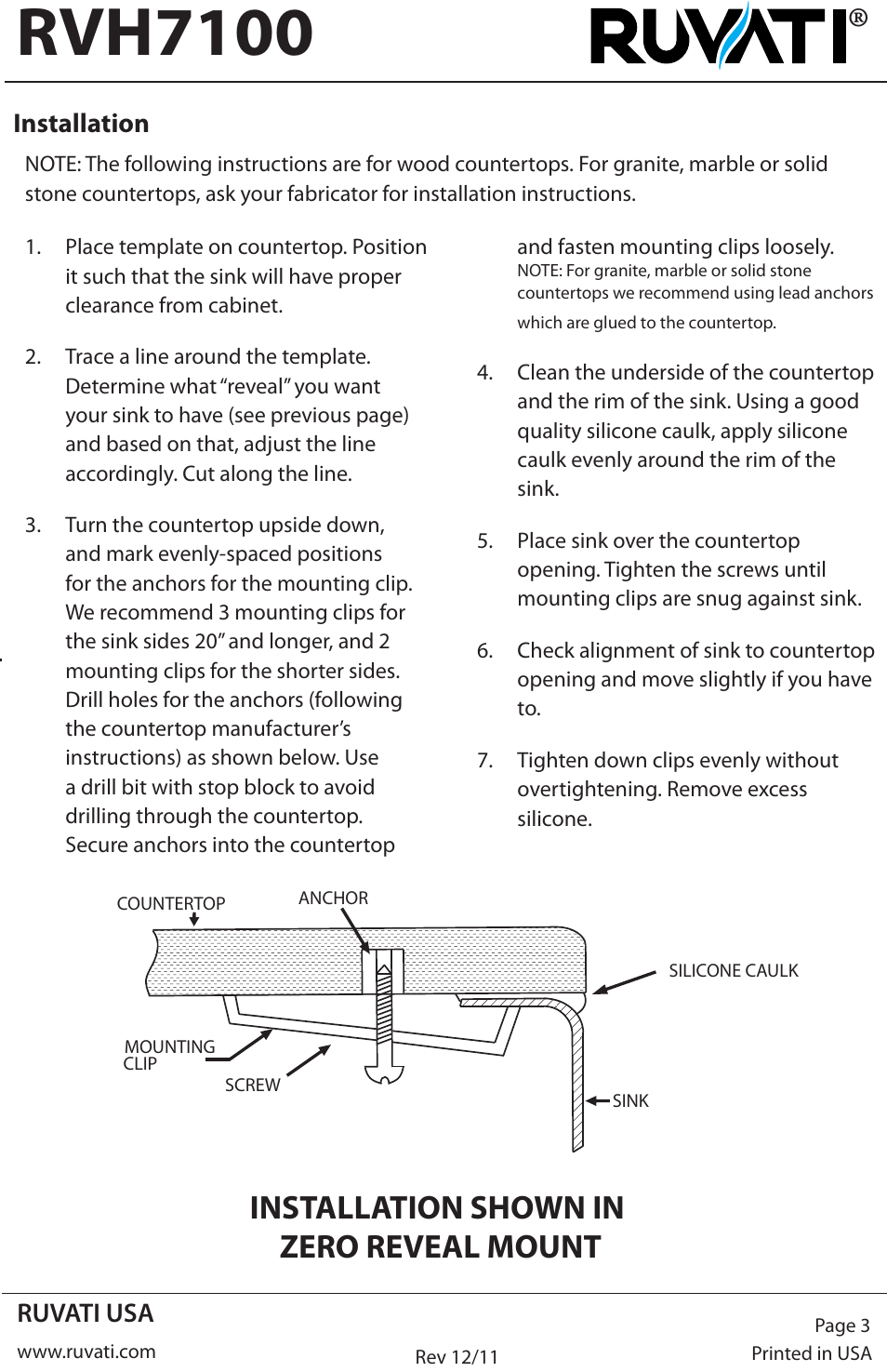 Rvh7100, Installation shown in zero reveal mount | Ruvati RVH7100 User Manual | Page 3 / 4