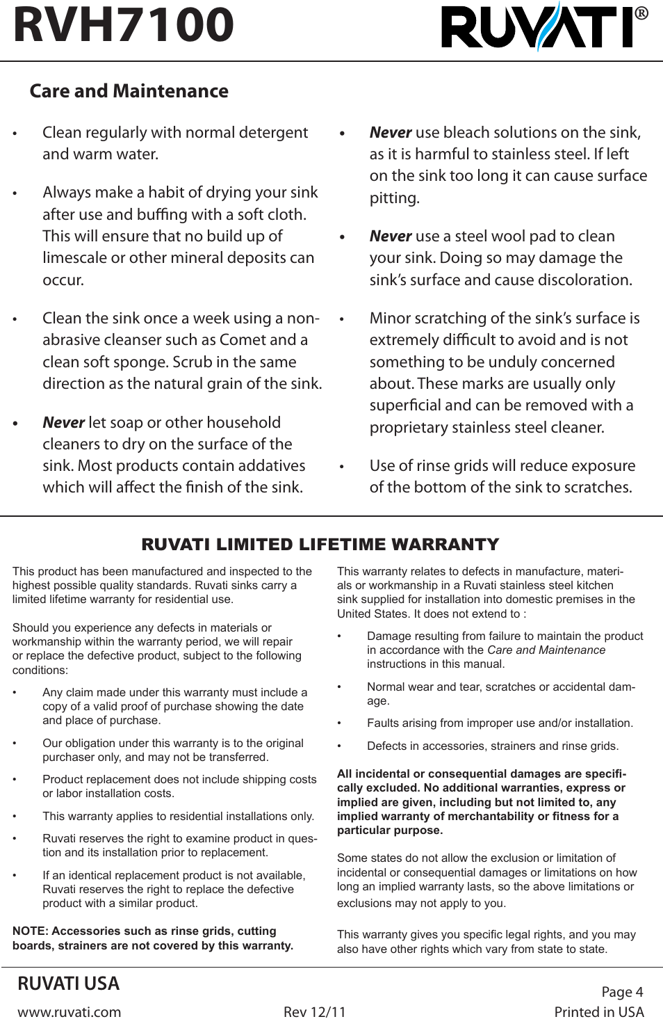 Rvh7100, Ruvati usa, Care and maintenance | Ruvati RVH7100 User Manual | Page 4 / 4