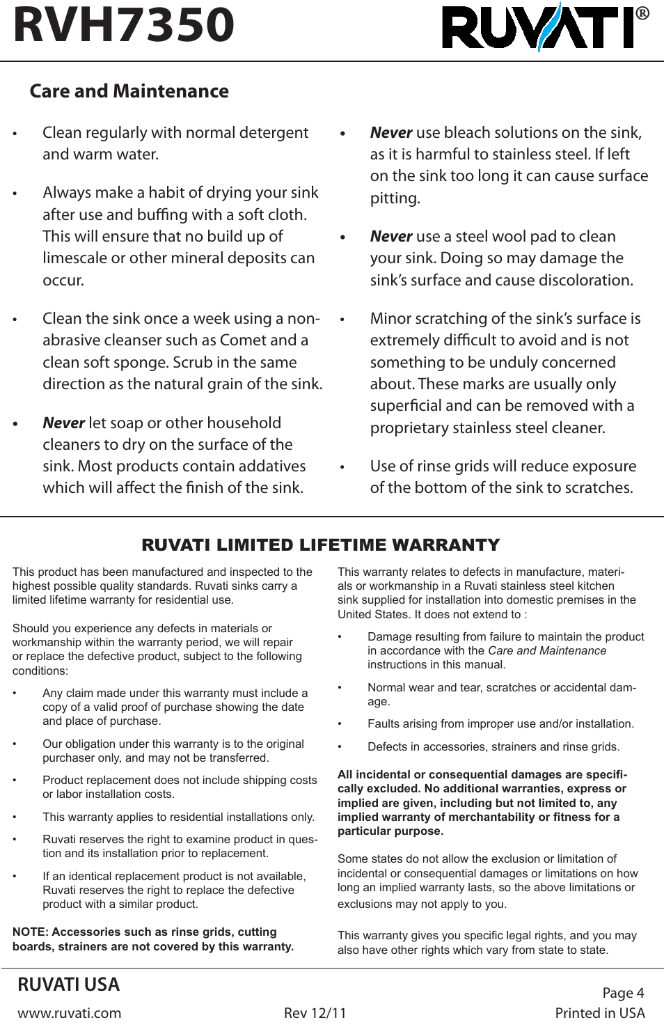 Rvh7350, Ruvati usa, Care and maintenance | Ruvati RVH7350 User Manual | Page 4 / 4