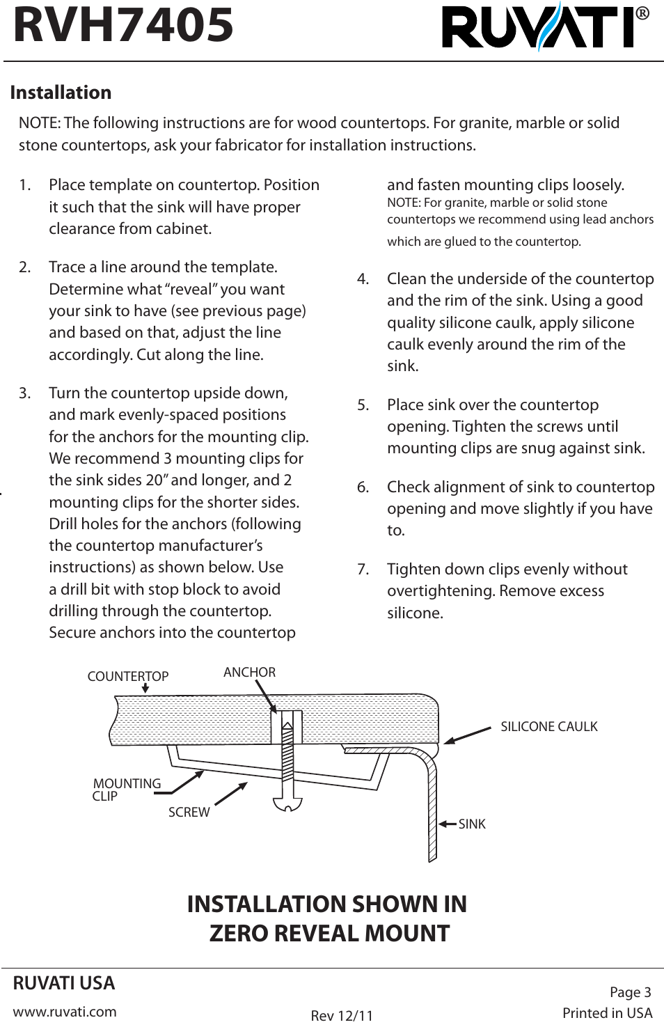 Rvh7405, Installation shown in zero reveal mount | Ruvati RVH7405 User Manual | Page 3 / 4