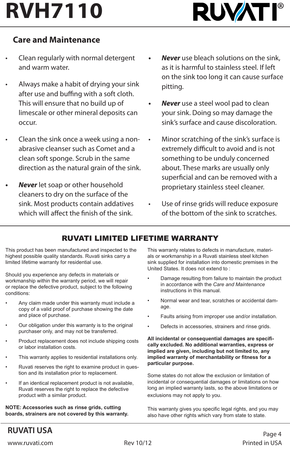 Rvh7110, Ruvati usa, Care and maintenance | Ruvati RVH7110 User Manual | Page 4 / 4