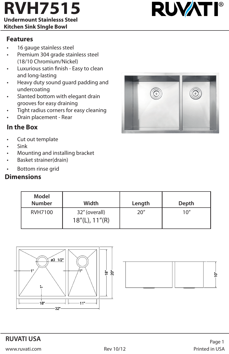 Ruvati RVH7515 User Manual | 4 pages