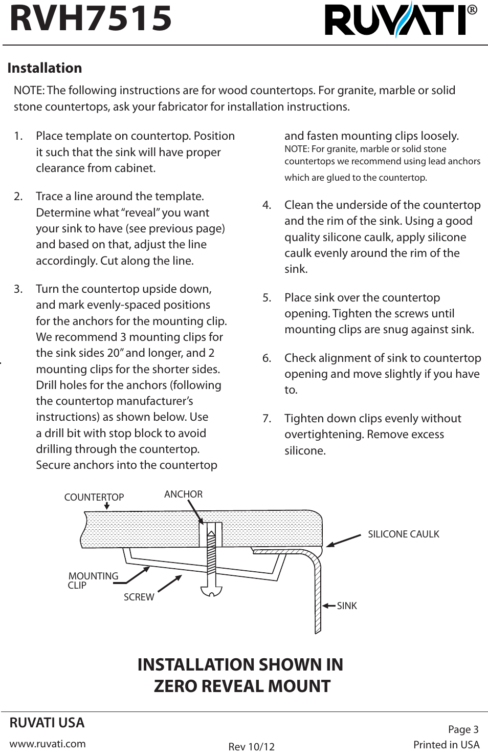 Rvh7515, Installation shown in zero reveal mount | Ruvati RVH7515 User Manual | Page 3 / 4
