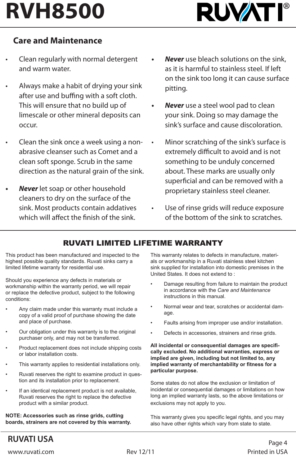 Rvh8500, Ruvati usa, Care and maintenance | Ruvati RVH8500 User Manual | Page 4 / 4