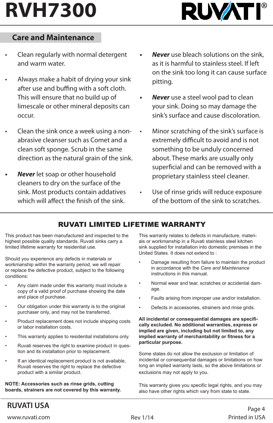 Rvh7300, Ruvati usa, Care and maintenance | Ruvati RVH7300 User Manual | Page 4 / 4