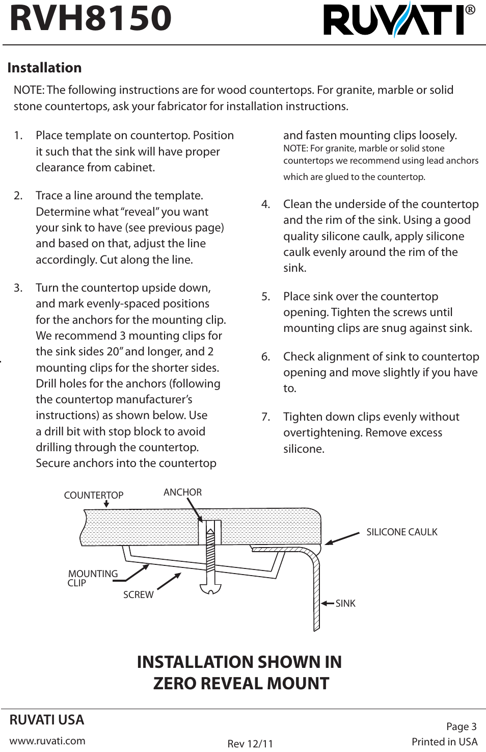 Rvh8150, Installation shown in zero reveal mount | Ruvati RVH8150 User Manual | Page 3 / 4