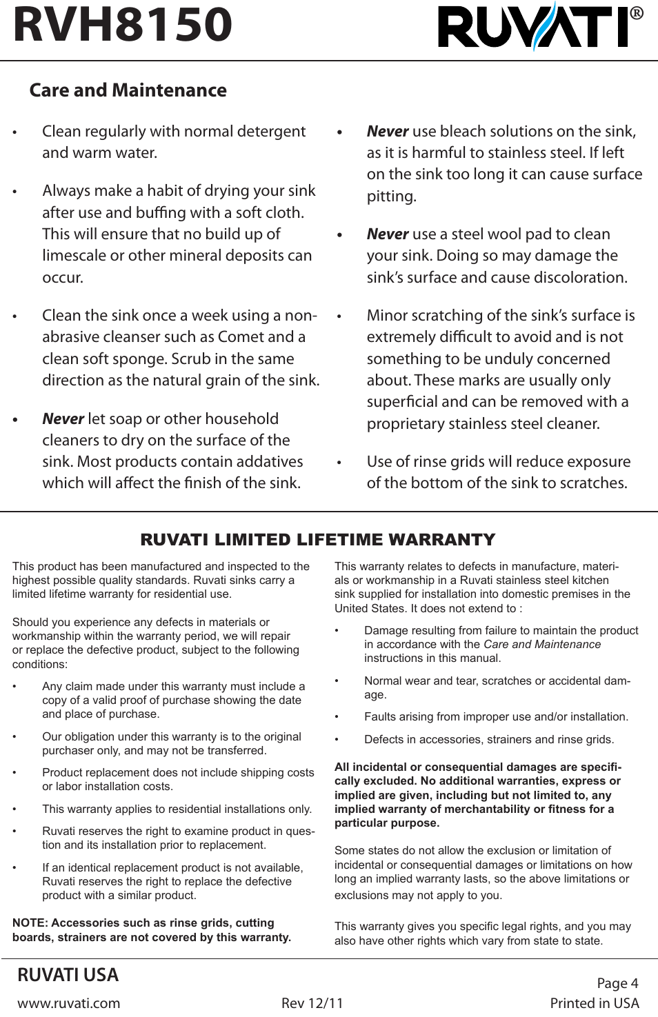 Rvh8150, Ruvati usa, Care and maintenance | Ruvati RVH8150 User Manual | Page 4 / 4